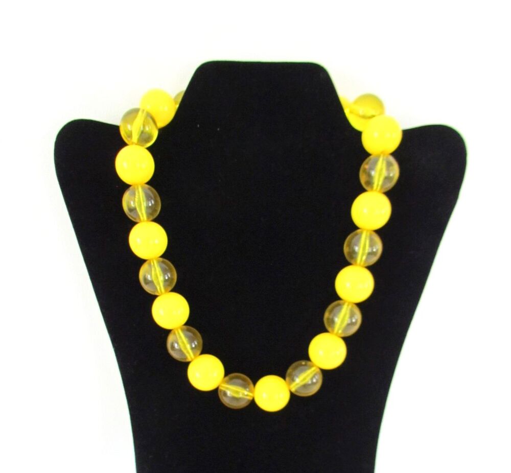 Vintage 1950s Yellow Lucite Bead Necklace Chunky Clear Solid 19.5" Mid-Century